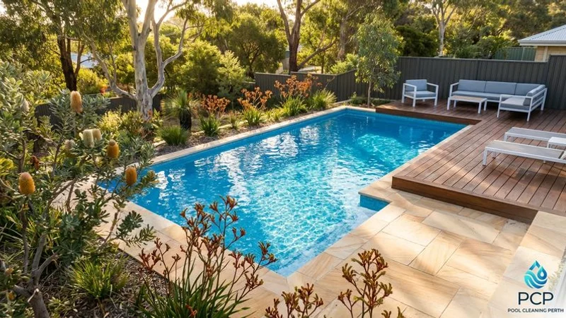 Aerial view of a well maintained backyard pool surrounded by native Australian landscaping in a Perth suburb