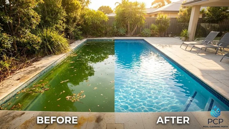 Before and after comparison of a neglected pool versus a professionally cleaned and maintained pool in Perth