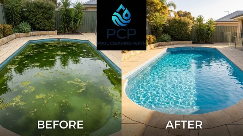 Before and after comparison of end of lease pool cleaning showing dramatic improvement in water clarity