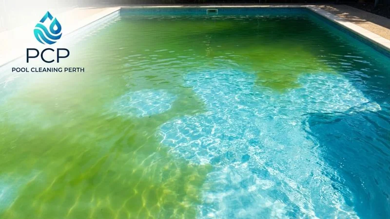 Mild green pool water clearing up after the first day of shock treatment with visible improvement in clarity