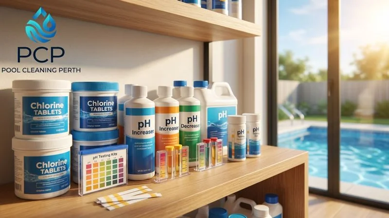 Organised pool chemical supplies including chlorine containers and pH testing solutions on a clean shelf