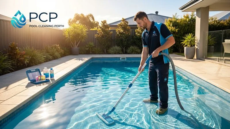 Pool cleaning professional vacuuming the floor of a residential swimming pool with testing equipment nearby