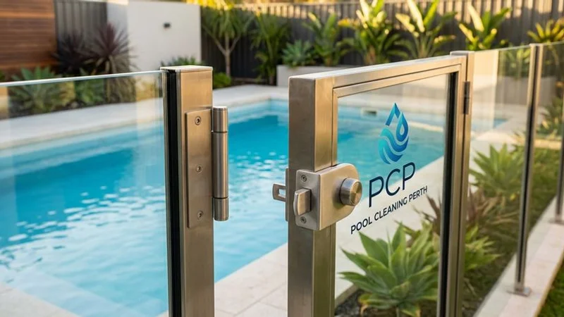 Pool gate hardware close up showing compliant self-closing hinge and self-latching mechanism at correct height