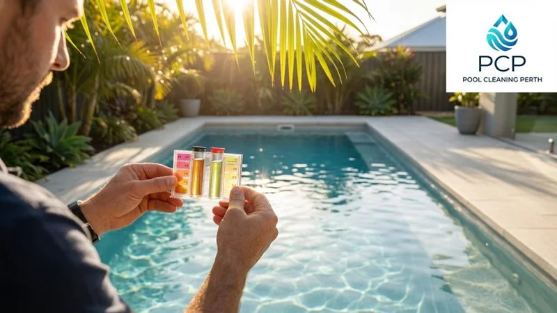 Pool owner performing a liquid reagent water test showing colour comparison tubes for pH and chlorine levels