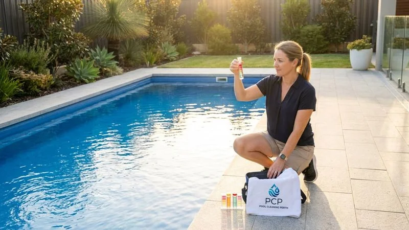 Pool owner testing chlorine levels in clear blue pool water using a liquid reagent test kit