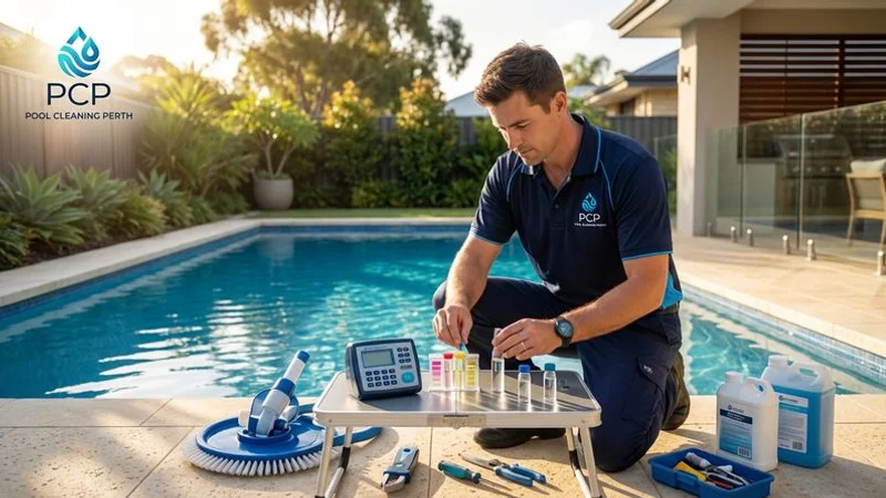 Pool technician performing a spring commissioning service on a residential pool with testing equipment visible
