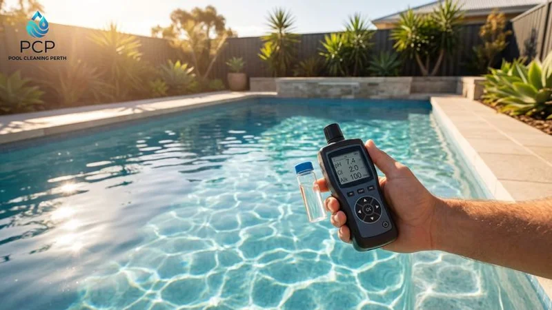Clear pool water being tested with professional water testing equipment showing various chemical readings