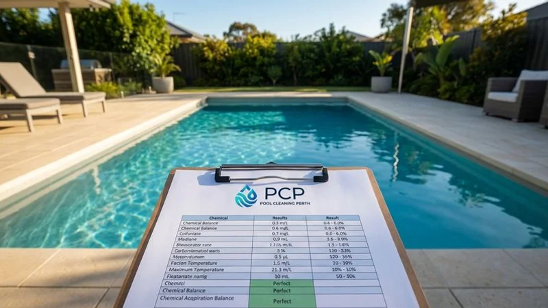 Pool water testing results printout being reviewed alongside clean pool ready for end of lease inspection