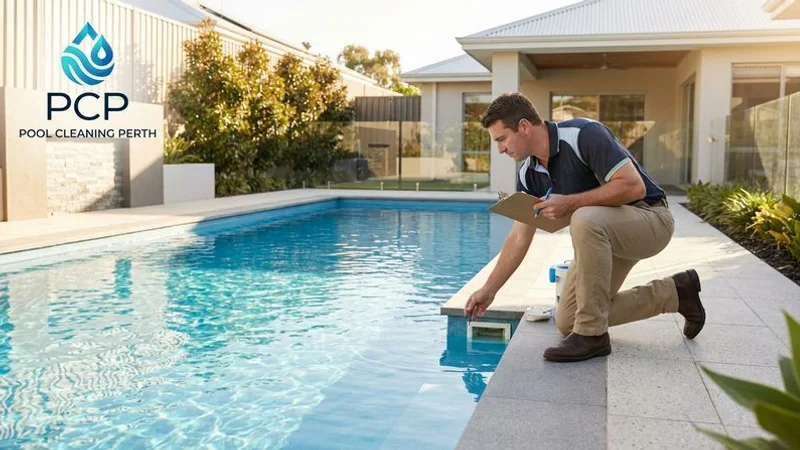 Property buyer inspecting pool surface and equipment during a pre purchase pool inspection in Perth