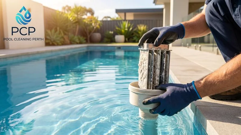 Salt chlorinator cell being removed for inspection showing calcium scale buildup on titanium plates