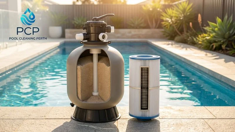 Sand filter and cartridge filter side by side showing internal construction and filtering media differences