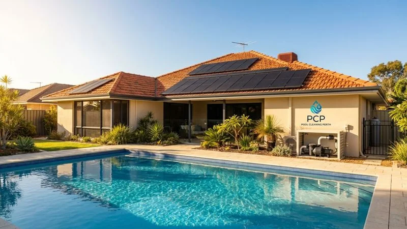 Solar pool heating panels installed on a house roof with clear sky showing optimal Perth sun exposure