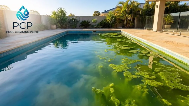 Swimming pool showing the progression from slightly cloudy water to fully green algae bloom stages